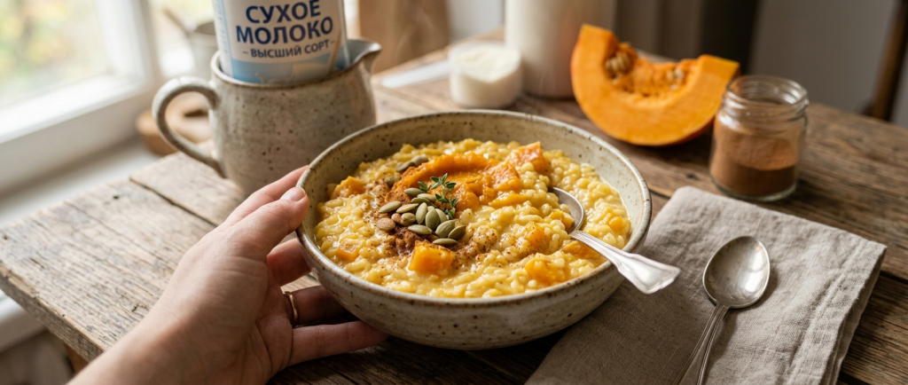 Молочная рисовая каша с тыквой из сухого молока
